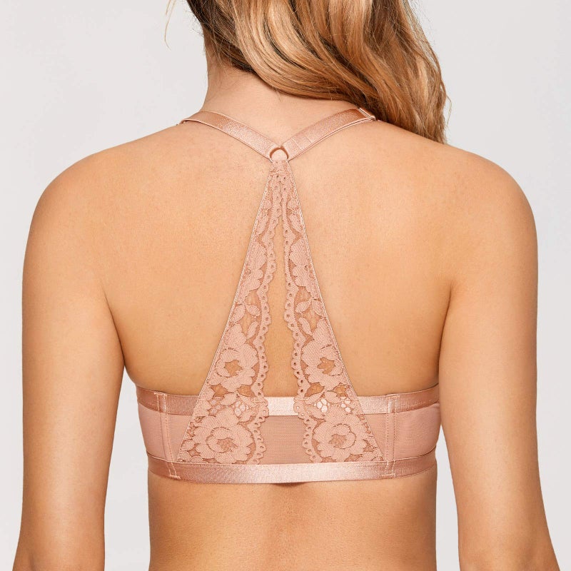 DOBREVA Women's Push Up Bra Racerback Front Closure Bras Lace Padded Underwire Plunge Floral Cream Coffee 32A - Image 5